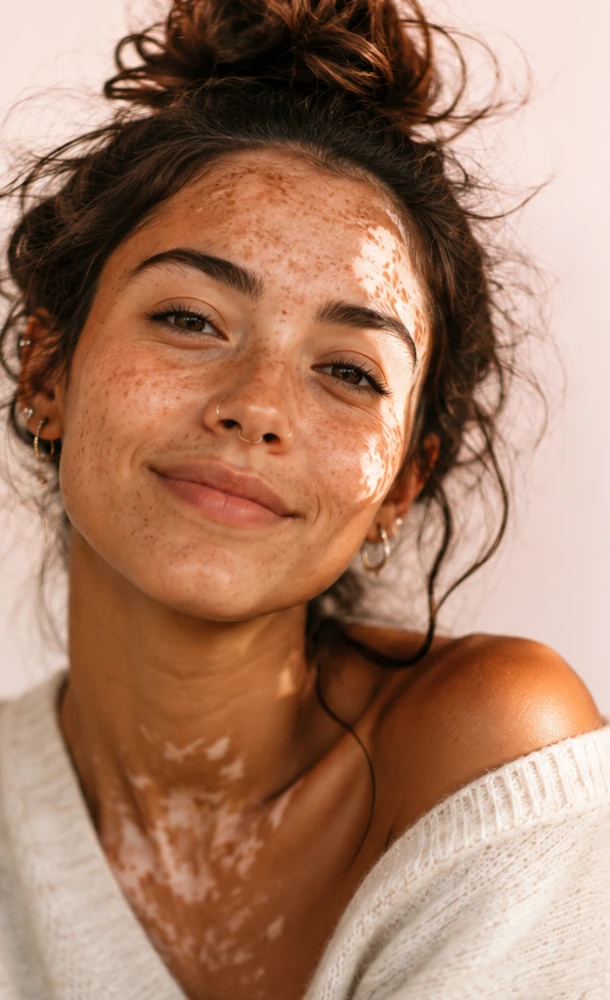 Smiling woman with freckles and vitiligo, hair in a soft bun